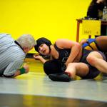 Sequim&rsquo;s Alma Mendoza pins Cynari Green of Bremerton in 5:24 on Feb. 4, at the sub-regionals tournament. She was injured in the match but plans to compete at regionals this weekend. Sequim Gazette photos by Matthew Nash
