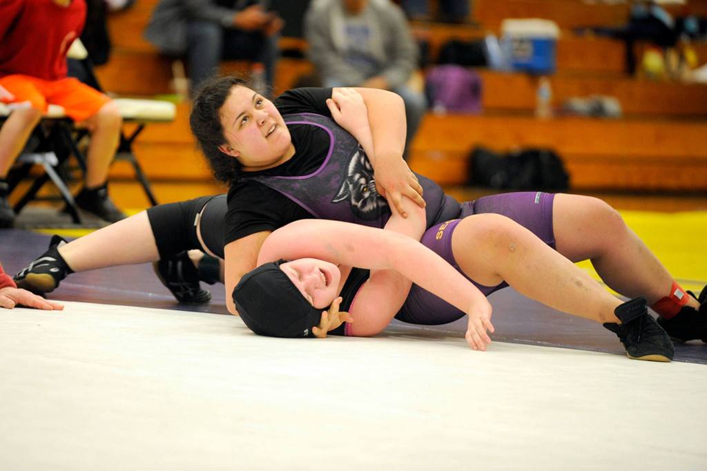 Madison Uranga earned fourth place at 195 pounds with a pin in the consolation over Amanda Smith of Spanaway Lake in 3:28. Sequim Gazette photo by Matthew Nash