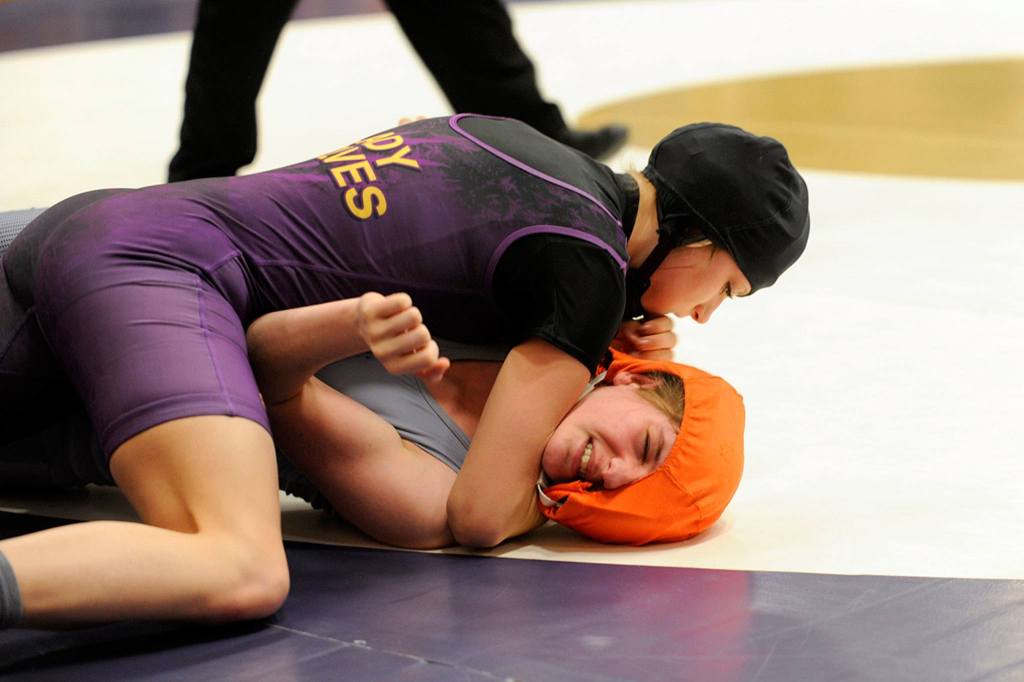 Sequim&rsquo;s Megan Puksta pins Lakes&rsquo; Sky Campbell-Montez in 22 seconds in a consolation bracket match-up on Feb. 4. Puksta earned an alternate spot at sub-regionals for the regional tournament this weekend. Sequim Gazette photo by Matthew Nash