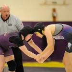 Aylee Bennett&rsquo;s match with Aniika Taylor of North Kitsap at 140 pounds went down to the last second. Taylor had a takedown called back because time expired giving Bennett the 6-4 win. Sequim Gazette photo by Matthew Nash
