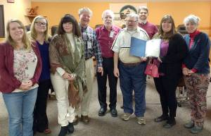 From left, Cindy Sump, the parent of a daughter with Autism Spectrum Disorder; Shawnda Hicks, Clallam Mosaic&rsquo;s Parent-to-Parent coordinator; Kelley Lawrence, Clallam County Health & Human Services Developmental Disabilities Employment coordinator; Randy Johnson, Clallam County commissioner; Timothy Bruce, Clallam County Health & Human Services planner; Patrick McFarland, DDAC Member and Special Olympics participant; Mark Ozias, Clallam County commissioner; Randi Jones-Pierce, Jones & Associates; Mary Jane Duncan, Clallam Mosaic board member. Submitted photo