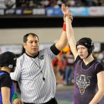 Kiara Pierson receives a win in the first round of the 120-pound girls bracket at the state MatClassic on Feb. 17, in the Tacoma Dome. She pinned Alexis Mendoza of Warden and went on to take third in the tournament.
