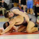 Grant Pierson attempts to take the first round matchup against E.J. Matagi of WF West at the MatClassic on Feb. 17. Pierson lost the match but went on to place fifth in the 160-pound boys bracket. Sequim Gazette file photos by Michael Dashiell