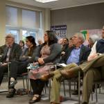 Five finalists, from left, Brian Berg, Becky Mitchell, Jessica Hernandez, Brandino Gibson and Brian Kuh, sit together before public interviews on March 20 for outgoing Sequim School board director Bev Horan&rsquo;s position. Kuh was selected unanimously by remaining board members. Sequim Gazette photo by Matthew Nash