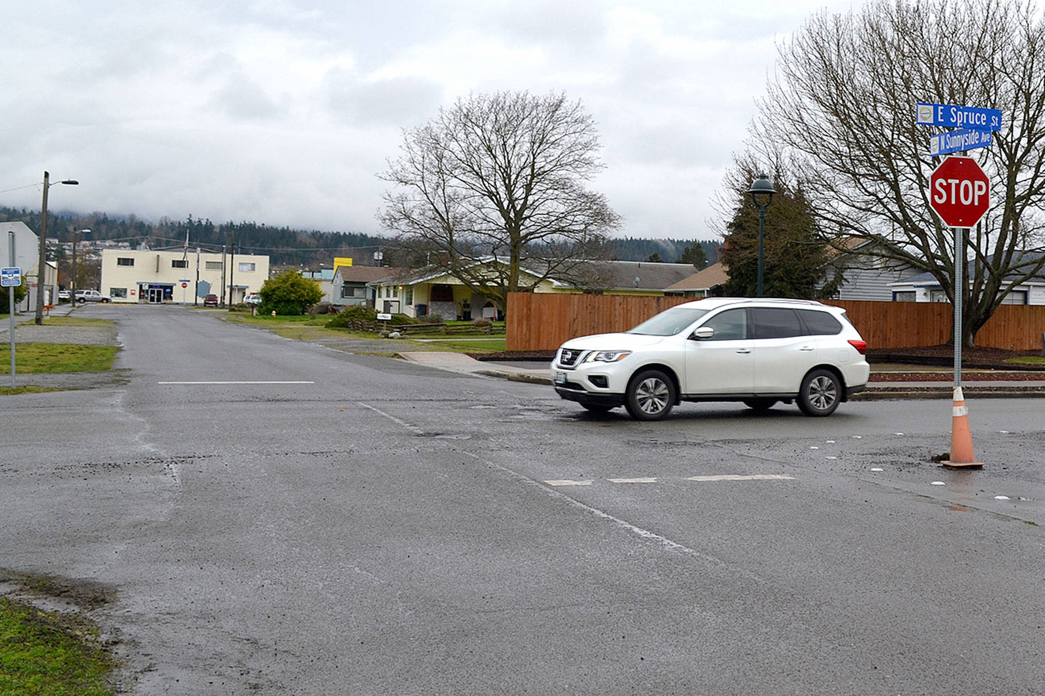 A planned sewer and water pipeline replacement project this summer in Sequim includes a traffic circle at the intersection of East Spruce Street and North Sunnyside Avenue to slow traffic through the neighborhood. (Matthew Nash/Olympic Peninsula News Group)