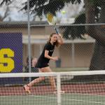 Sequim&rsquo;s Izzy Hugoniot returns a serve on Wednesday, April 19. She and doubles teammate Jessica Dietzman won 6-2, 6-2 against Port Angeles&rsquo; No. 1 doubles team Audrey Little and Hannah Brown. Sequim Gazette photo by Matthew Nash