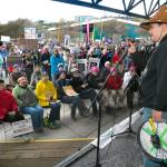 Jonathan Arakawa, a member of the Lower Elwha Klallam Tribe, delivers opening remarks at Port Angeles City Pier during Saturday&rsquo;s rally and march to promote awareness of climate change. Keith Thorpe/Peninsula Daily News