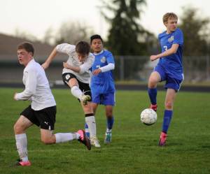 Sequim&rsquo;s Mathew Craig takes a shot on goal in Sequim&rsquo;s 6-0 win over North Mason on April 21. Sequim Gazette file photo by Michael Dashiell