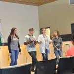 Members of the teen executive committee, from left, Dana Nguyen, Kaylee Gumm, Shaun Jones Jr., Elizabeth Rosales and Teá Gauthun lead a discussion at Sequim&rsquo;s first Youth Summit on April 27, in the Sequim Civic Center. Teens discussed the area&rsquo; pros and cons and ways the community could better serve youths. Sequim Gazette photo by Matthew Nash