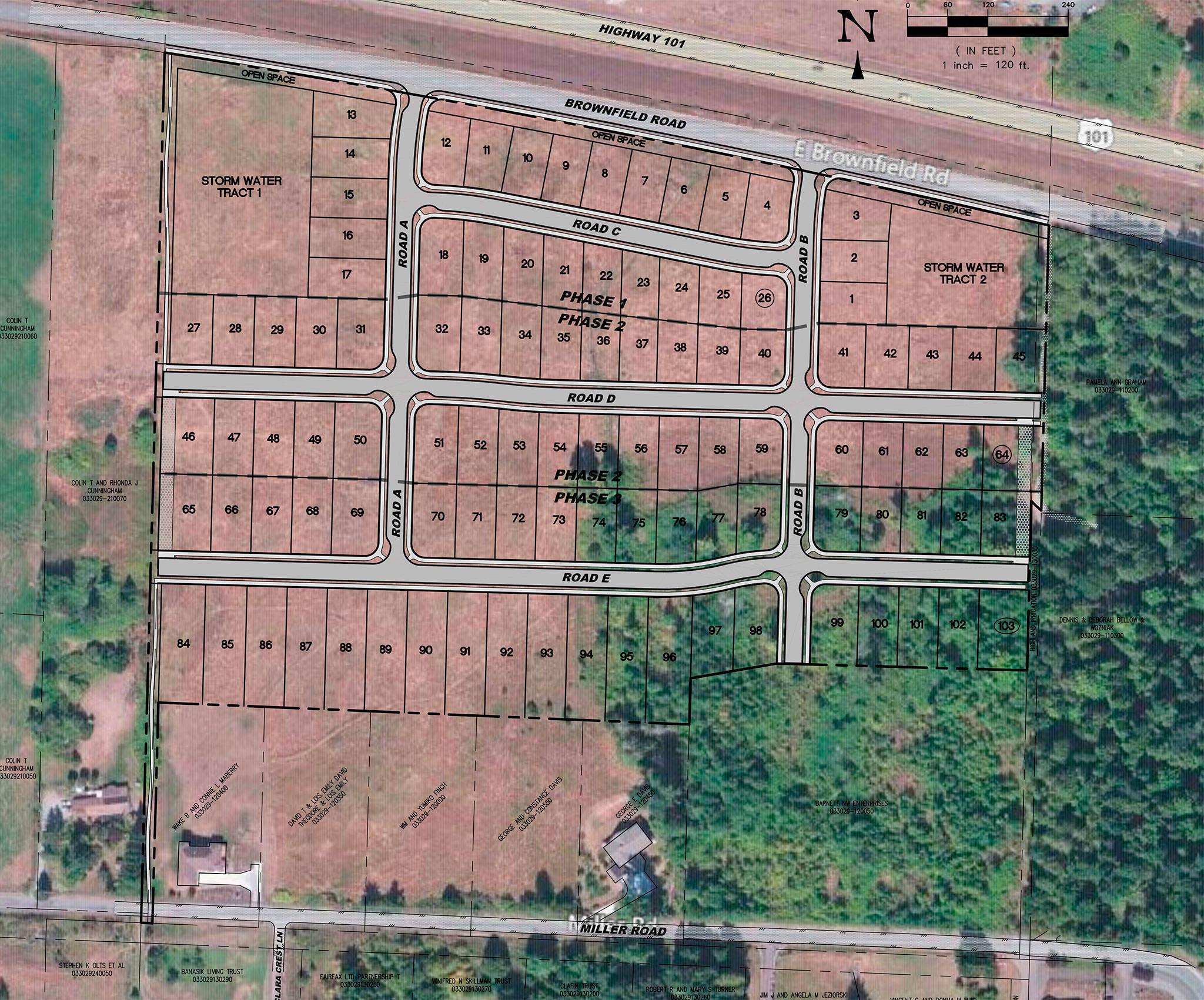 Developer Bill Barnett of Tenino anticipates submitting designs for a 103-unit housing subdivision to the City of Sequim this summer. The project would come in three phases. Map courtesy of City of Sequim