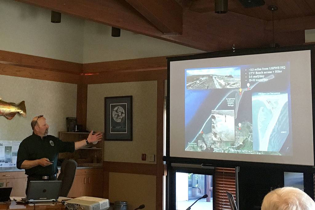Speaking to a group of stakeholders on May 4 in Blyn about the invasive European green crab threat in Dugeness, Allen Pleus, Aquatic Invasive Species coordinator for the Washington Department of Fish and Wildlife, said &ldquo;We&rsquo;re trying to get rid of them as soon as possible.&rdquo; He and staff with the Washington Sea Grant Crab Team seek support for placing and monitoring traps for green crab in a few sites from the West End to Port Angeles. Sequim Gazette photo by Matthew Nash