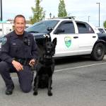 Sequim Police Officer Tony Bush kneels with new canine officer Mamba, a 16-month-old German shepherd outside the Police Department. He arrived last week with the dog and anticipates becoming state-certified by this summer so that she can work full-time with him. Sequim Gazette photo by Matthew Nash
