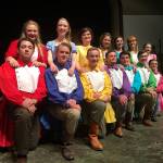 The brothers and sisters of &ldquo;Seven Brides for Seven Brothers&rdquo; features, from left, Silas Baird, Victoria Hall, Abby Norman, Christopher Heintz, Colleen Carpenter, Joe Benjamin, Melissa Mooney, Seth Mitchell, Erin Gordon, Thomas Hughes, Alison Cobb, Tommy Hall, Makenna O&rsquo;Dell and Joey Oliver. The show runs May 5-20 at Sequim High School&rsquo;s auditorium. Sequim Gazette photo by Matthew Nash