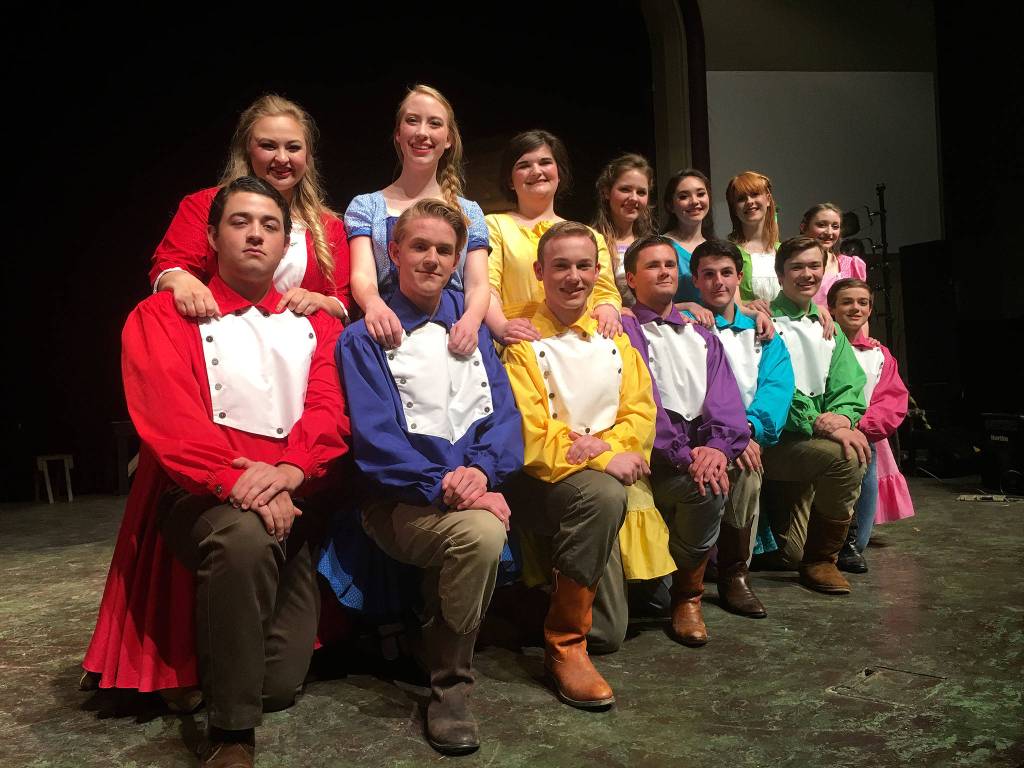 The brothers and sisters of &ldquo;Seven Brides for Seven Brothers&rdquo; features, from left, Silas Baird, Victoria Hall, Abby Norman, Christopher Heintz, Colleen Carpenter, Joe Benjamin, Melissa Mooney, Seth Mitchell, Erin Gordon, Thomas Hughes, Alison Cobb, Tommy Hall, Makenna O&rsquo;Dell and Joey Oliver. The show runs May 5-20 at Sequim High School&rsquo;s auditorium. Sequim Gazette photo by Matthew Nash