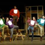 Brothers, from left, Caleb (Joe Benjamin), Frank (Tommy Hall), Daniel (Seth Mitchell), Adam (Silas Baird), Gideon (Joey Oliver), Ephraim (Thomas Hughes) and Benjamin (Christopher Heintz) have a man-to-man-to-man talk in &ldquo;Seven Brides for Seven Brothers.&rdquo; Sequim Gazette photo by Matthew Nash