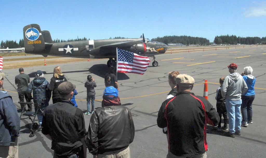 A B-25 Mitchell rolls across the tarmac on the Wings of Freedom stop in Port Angeles on June 21. Keith Thorpe/Peninsula Daily News