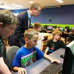 Congressman Derek Kilmer meets with members of the Sequim Boys & Girls Club &mdash; From left, Rian Pope-Dunham, Austin Schilling, Logan Holbert and Terry Rooke &mdash; on June 2 to discuss computers and the games they like to play. Sequim Gazette photo by Matthew Nash