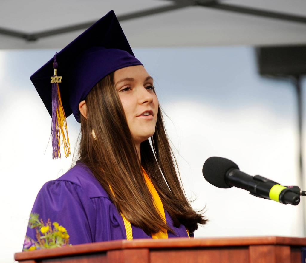 Sequim High senior Morgan Bingham delivers her co-valedictorian speech Friday night. Sequim Gazette photo by Michael Dashiell