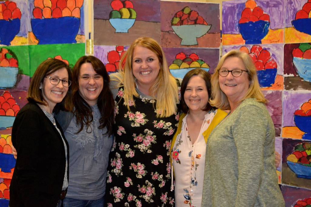 Teachers leading the Adventures in Art Show at Helen Haller Elementary on June 12 include, from left, Ione Marcy, Rachel Oden, Kaylee Kinsey, Stephanie Grotzke-Nash and Renee Mullikin. Sequim Gazette photo by Matthew Nash