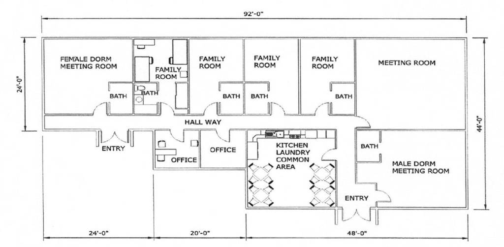 A proposed floor plan concept for Dungeness Valley Lutheran Church&rsquo;s homeless shelter spans 92 feet by 44 feet.