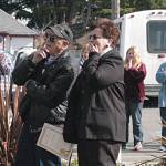 Bill and Nina Fatherson stand outside the Sequim Food Bank where they just learn that the main building was named after them in 2009. Nina served the food bank for 28 years. She died on June 24. Sequim Gazette file photo