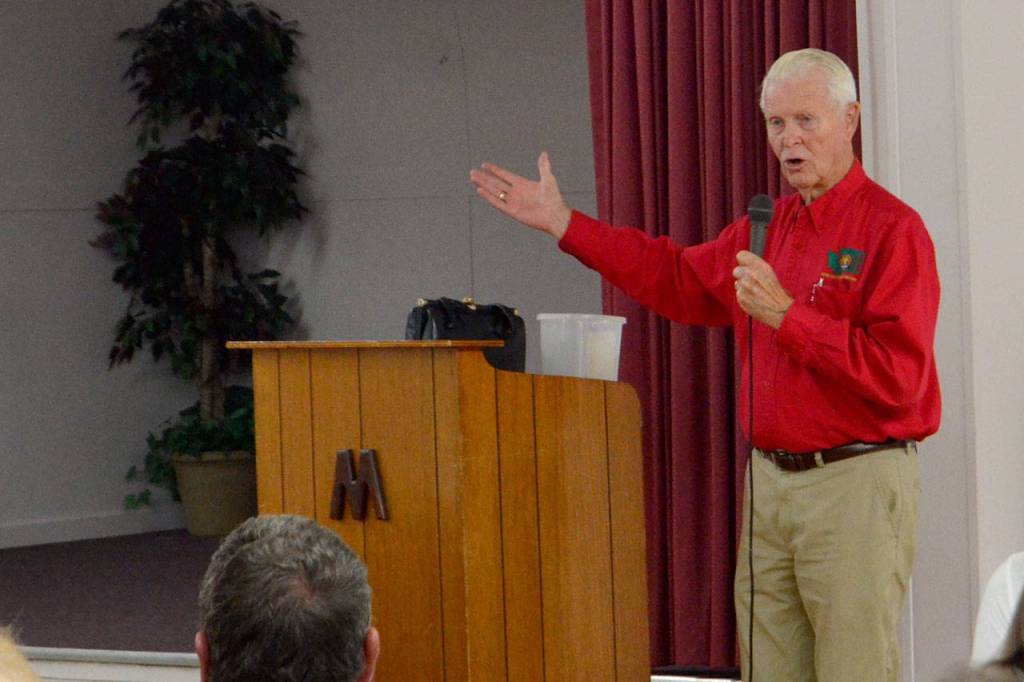 Robert &ldquo;Bob&rdquo; Clark, Master for Sequim Prairie Grange and a former Washington State Master, speaks to the crowd at the 75th anniversary for the organization on Aug. 9. He said one of the reasons for its longevity has been the ability to adapt to change. Sequim Gazette photo by Matthew Nash