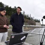 Engineers Shari Matzner and Garrett Staines with Pacific Northwest National Laboratory&rsquo;s Marine Sciences Laboratory discuss their development of software that will analyze thermal video to help birds and bats co-exist with offshore wind farms. Photo by Eric Francavilla/Pacific Northwest National Laboratory