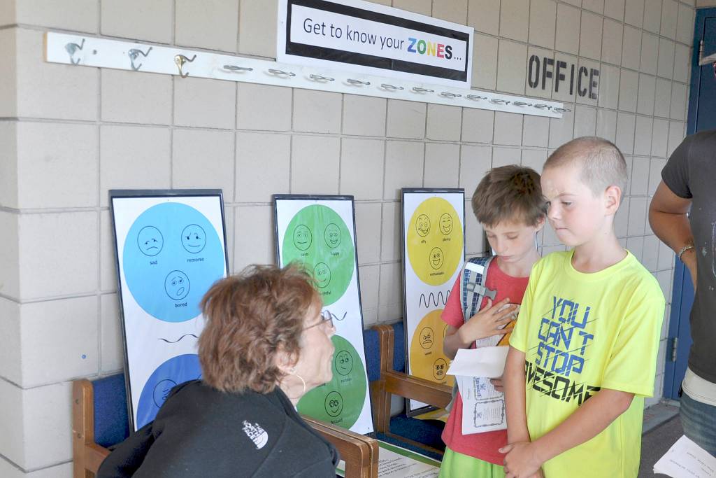 Helen Haller Elementary third-graders Sorne Olson, right, and Ezekiel Davis talk about getting to know the zones of emotions from teacher Cheryl Daniels during Back to School Night. Photo by Patsene Dashiell