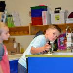 Kindergartener Mason Moore takes a drink from fountain in Melissa Novak&rsquo;s class in Helen Haller Elementary. She wanted each student to learn how to use the fountain. Sequim Gazette photo by Matthew Nash