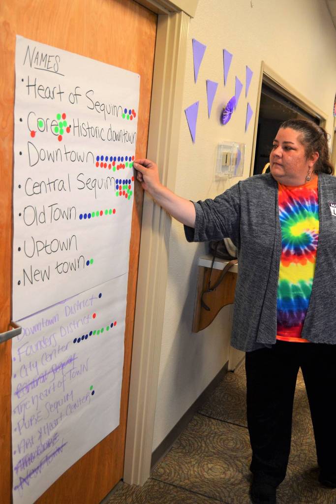 Shayne Gallauher, a First Federal employee and Downtown Sequim resident, votes on her favorite name for her region. She and many others preferred calling their area &ldquo;Downtown&rdquo; at the Neighborhood Visioning Meeting on Sept. 9 in the Guy Cole Center.