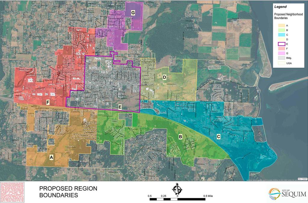 Seven new regions in the City of Sequim will be used by residents and city staff to pinpoint issues for code enforcement, affordable housing and other issues. City staff plan to present names for the regions sometime late fall. Map courtesy of the City of Sequim