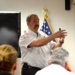 Fire Chief Ben Andrews for Clallam County Fire District 3 speaks about options whether or not fire commissioners accept a federal grant to help pay wages and benefits for six firefighters over three years. Andrews said the fire district will see expenses go higher than revenues tentatively in late 2018 if they accept the grant or not and that the fire district may need to turn to new revenue options such as an excess levy. Sequim Gazette photo by Matthew Nash