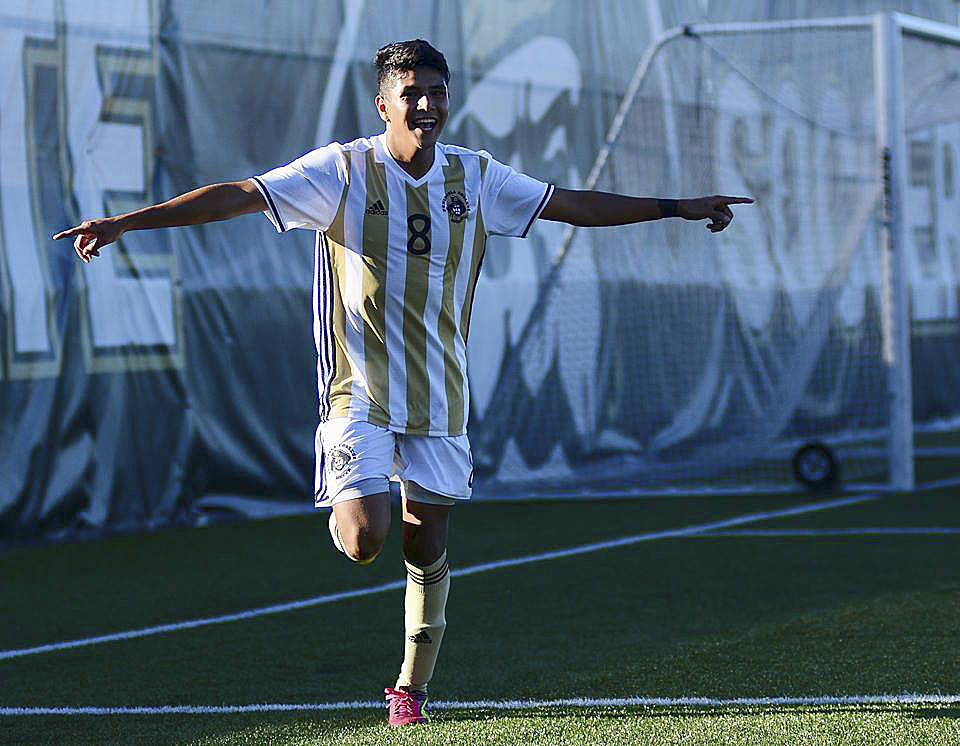Adrian Benitez celebrates a Peninsula goal in a 6-1 win over Everett on Sept. 13. Benitez had a goal and an assist in the win, and now leads the NWAC in assists with four. Photo courtesy of Peninsula College