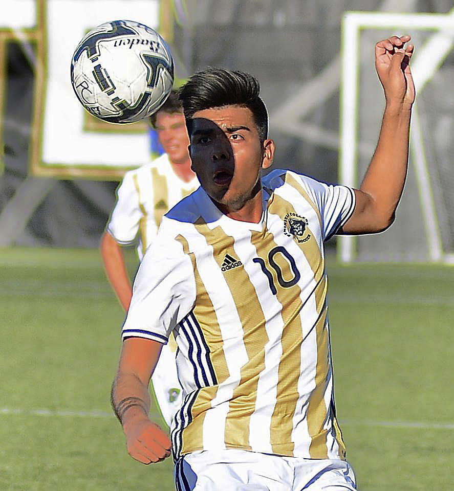 Peninsula&rsquo;s Cesar Gervacio keeps his eye on the ball in PC&rsquo;s win against Everett last week. Photo courtesy of Peninsula College