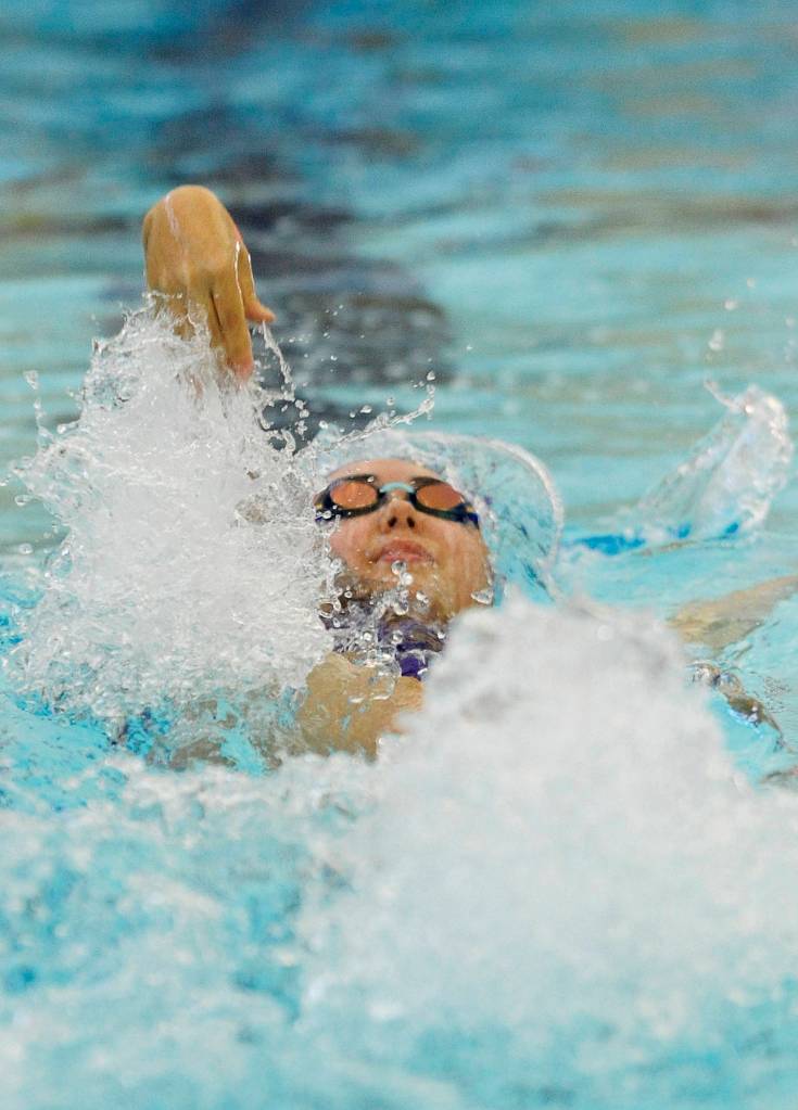 Sydnee Linnane gets Sequim&rsquo;s 200 medley team off to a solid start on Sept. 14. Linnane and teammates Sydney Swanson, Sonja Govertson and Jasmine Itti earned a state qualifying time in the event. Sequim Gazette photo by Michael Dashiell