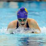 Sydney Swanson swims the breaststroke portion of Sequim&rsquo;s 200 medley relay on Sept. 14. Sequim Gazette photo by Michael Dashiell