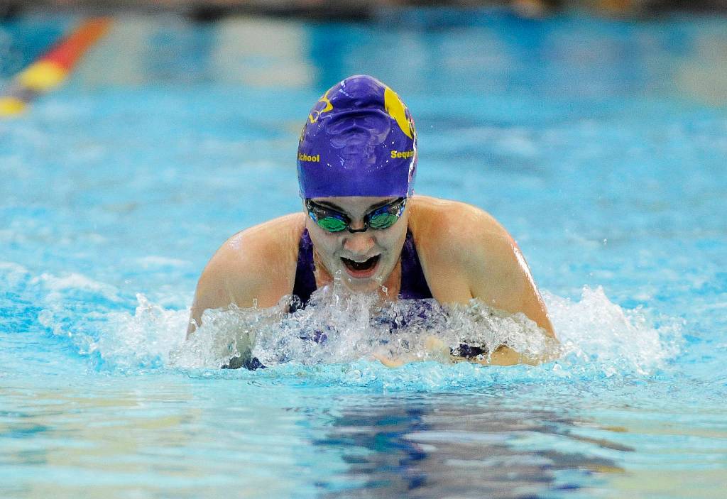 Sydney Swanson swims the breaststroke portion of Sequim&rsquo;s 200 medley relay on Sept. 14. Sequim Gazette photo by Michael Dashiell