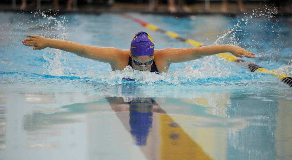 Sequim&rsquo;s Ana Benitez competes in the 100 butterfly on Sept. 14 against Kingston. She took fourth place in 1:30.99. Sequim Gazette photo by Michael Dashiell