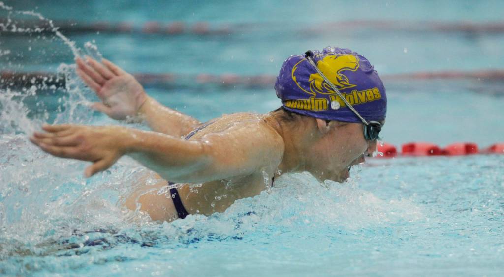 Sonja Govertson competes in the 100 butterfly as Sequim takes on Kingston on Sept. 14 in Sequim. Govertson finished in 1:04.31, about one-one hundredth of a second from a state meet-qualifying mark. Sequim Gazette photo by Michael Dashiell