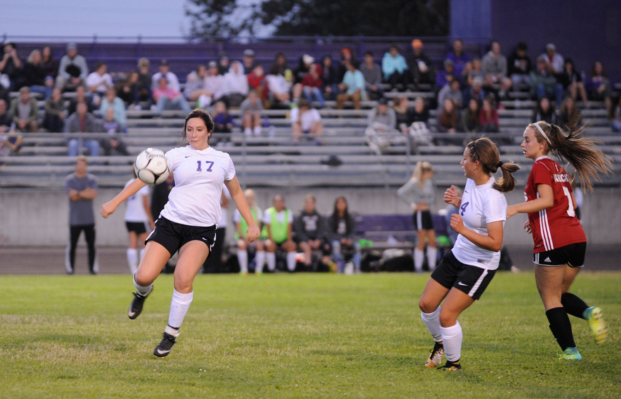 Midfielder Adare McMinn, seen here sending a pass on Sept. 7 in Sequim against Archbishop Murphy, helped the Wolves with her offense scoring Sequim&rsquo;s only goals in two 1-0 wins over North Mason and North Kitsap on Sept. 19 and 21. Sequim Gazette file photo by Michael Dashiell