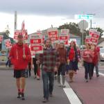 Sequim School District teachers and supporters lobby outside the Sequim High School auditorium and along North Sequim Avenue before a school board meeting on Sept. 18. Teachers will hold off on a proposed strike after the teachers&rsquo; union came to a tentative agreement with the district regarding teacher contracts on Sept. 25. Sequim Gazette photo by Erin Hawkins                                Sequim teachers and supporters of fair teacher pay will hold off on a strike against Sequim School District as the Sequim Education Association came to a tentative agreement with the district regarding teacher contracts on Sept. 25. The Association will present the agreement to members on Thursday, Sept. 28, where they will vote and approve or reject the proposal. Sequim Gazette photo by Erin Hawkins