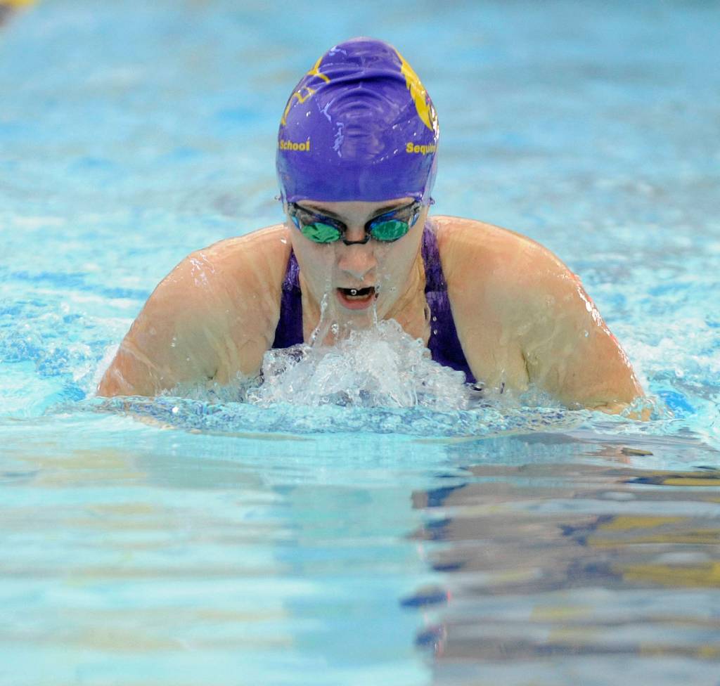 Sequim&rsquo;s Sydney Swanson swims the breaststroke portion of the 200 medley relay as the Wolves take on Bremerton on Sept. 28. Sequim Gazette photo by Michael Dashiell