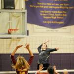 Sequim High junior Tayler Breckenridge keeps her eye on the ball as she looks for a kill in a Sept. 28 home match against the Kingston Buccaneers. Sequim Gazette photo by Michael Dashiell