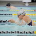 Ana Benitez swims the breaststroke portion of the 200 individual medley as her Sequim WOlves take on Klahowya last week in an Olympic League meet, Sequim&rsquo;s final home meet of the season. Sequim Gazette photo by Michael Dashiell
