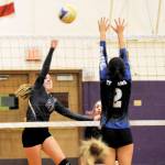 Sequim freshman Kalli Wiker, left, hits past the block of Olympic&rsquo;s Jaylaa Cabrera in the Wolves&rsquo; four-game victory last week in Sequim.