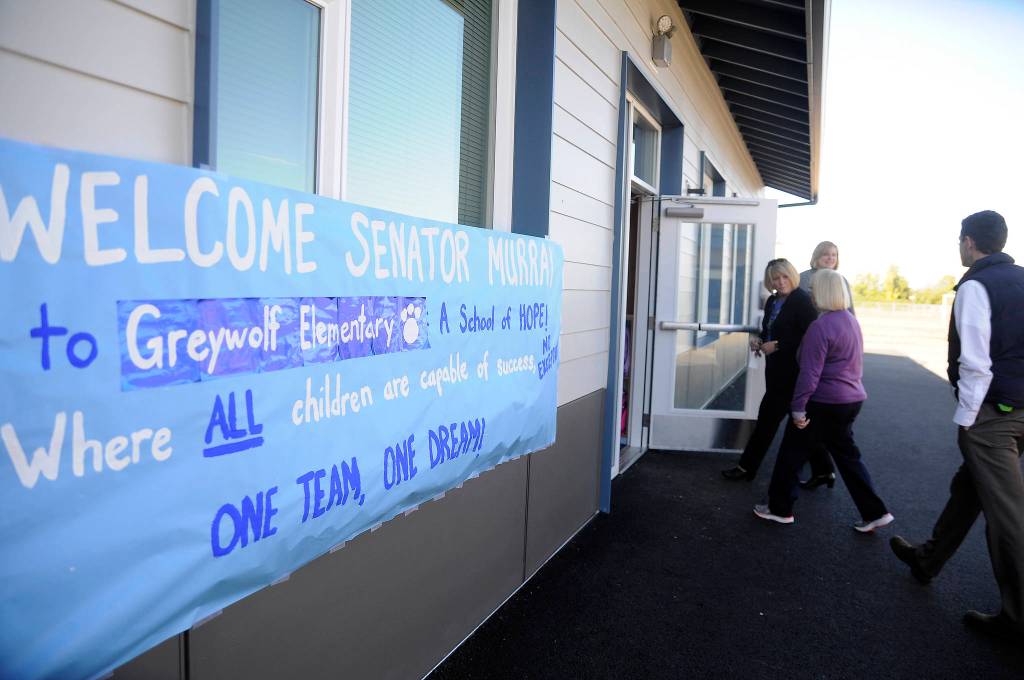 Greywolf Elementary School principal Donna Hudson gives U.S. Sen. Patty Murray a tour of the school&rsquo;s cross-laminated timber (CLT) building on Oct. 11. Sequim Gazette photo by Michael Dashiell