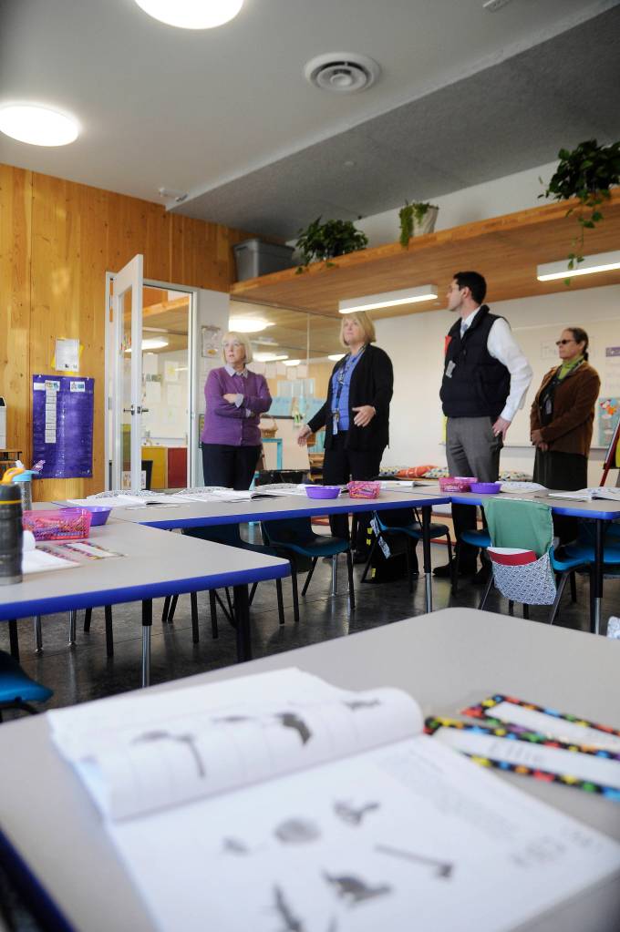 Greywolf Elementary School principal Donna Hudson, second from left, gives U.S. Sen. Patty Murray, left, a tour of the school&rsquo;s cross-laminated timber building on Oct. 11. Joining them is assistant principal/school psychologist David Updike and Ann Renker, Sequim School DIstrict&rsquo;s assistant superintendent.