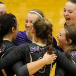 It&rsquo;s a happy Sequim squad after a three-game sweep of Port Angeles on Oct. 19. Pictured, from left, are Kalli Wiker, Lindsey Leader, Isabelle Dennis, Brittany Gale, Bobbi Sparks and Tayler Breckenridge. Sequim Gazette photo by Michael Dashiell