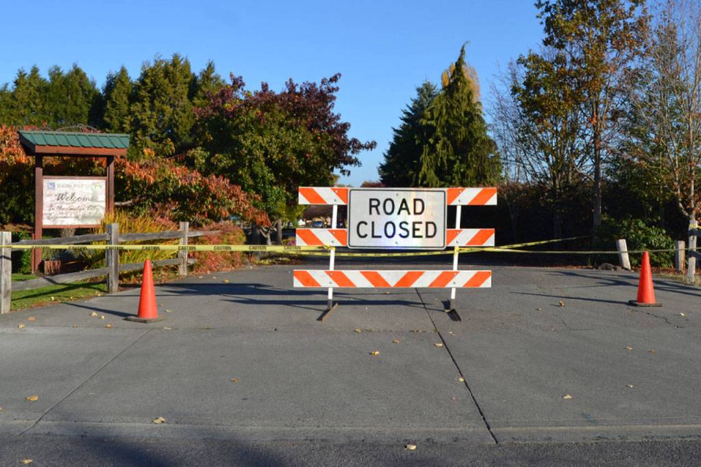 Within Carrie Blake Park, the stretch of road between the playgrounds was closed on Oct. 30 to vehicle traffic for safety concerns. Sequim Gazette photo by Matthew Nash