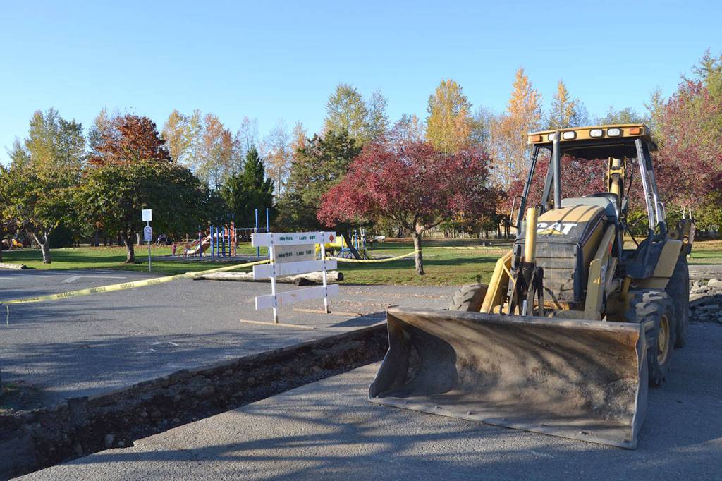 Within Carrie Blake Park, the stretch of road between the playgrounds was closed on Oct. 30 to vehicle traffic for safety concerns. Sequim Gazette photo by Matthew Nash